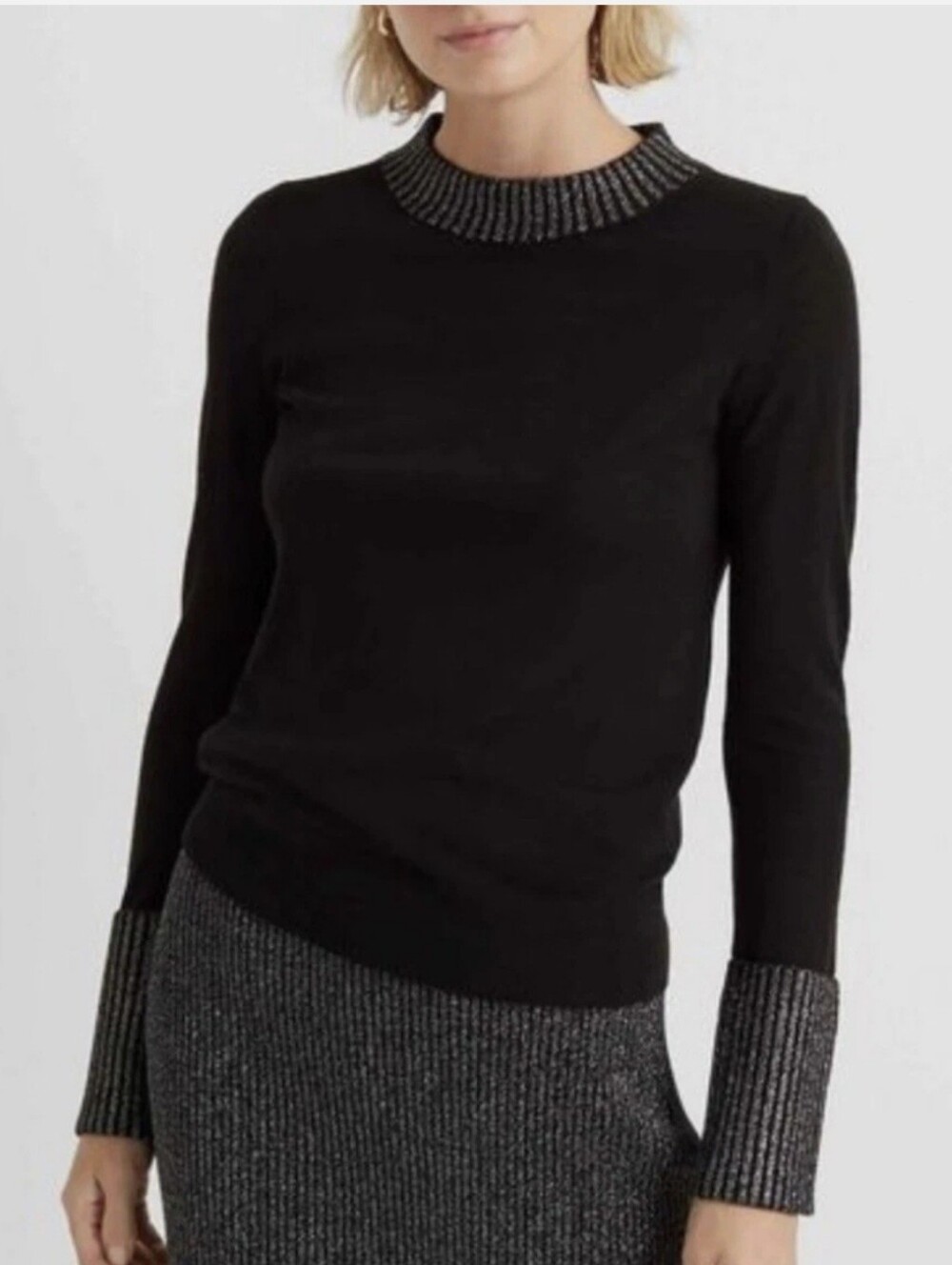 Club Monaco Women's Black Lurex Trim Wool blend Tight-knit Lightweight Sweater M